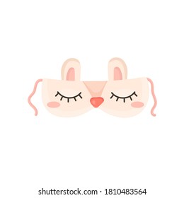 Vector Women's Pink Sleep Mask with Bunny Ears and Muzzle.Isolated on a white background. Concept of Insomnia in Cartoon style.Elements for Relax,Sweet Dreams.
