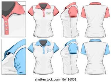 Vector. Women's polo-shirt design template (front, back and side view). No mesh.