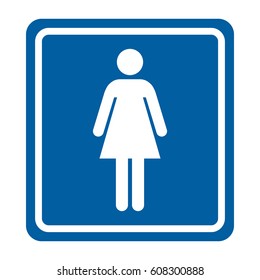 Vector women's restroom sign. White woman icon on blue square background with white border and rounded edges.