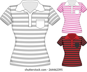 Vector womens short sleeve t-shirt design templates in three colors with stripes