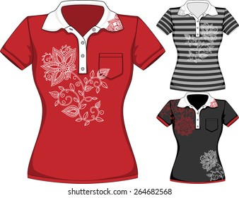 Vector womens short sleeve t-shirt design templates in three colors with floral pattern