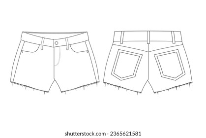 Vector women's shorts pant line drawings with frayed fabric textures below.