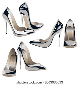 Vector women's silver metal pumps isolated on white background. Realistic high heel shoes.