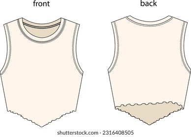 Vector Womens sleeveless jersey top,lettuce skirt, v-cut front, Ribbed sleeveless, crew neck, t-shirt flat sketch technical drawing template design vector