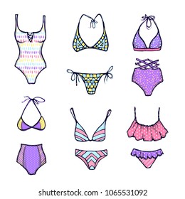 Vector women's swimsuit design set. Fashion bikini collection. Beach clothes for girls.