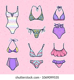 Vector women's swimsuit design set. Fashion bikini collection. Beach clothes for girls.
