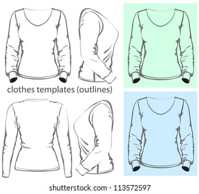 Vector. Women's t-shirt design template (front, back and side view). Long sleeve. outline