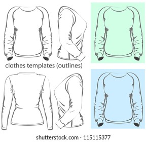 Vector. Plantilla de diseño de camisetas para mujeres (vista frontal, trasera y lateral). Manga larga de raglan. esquema