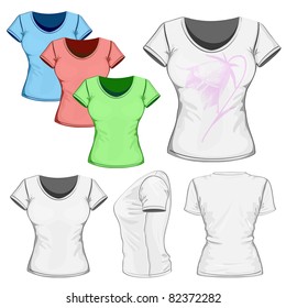 Vector. Women's t-shirt design template (front, back and side view). No mesh.