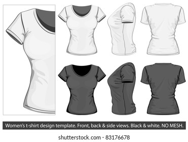 Vector. Women's t-shirt design template (front, back and side view). No mesh.