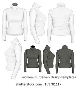 Vector. Women's turtleneck design templates (front, back and side views).