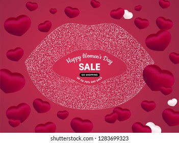 Vector Women's or Valentine's day with white text Sale banner. 3D illustration isolated on red background. All phrases by Sil Open Font License.