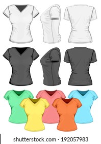 Vector. Women's v-neck t-shirt design template (front, back and side view).