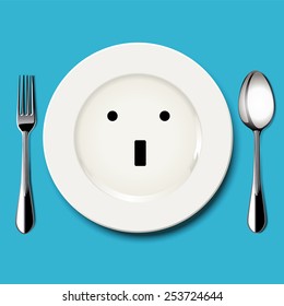 Vector of wonder face draw on white plate with spoon and fork on blue background