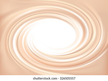 Vector wonderful light pink curvy eddy backdrop with space for text. Beautiful appetizing delicious volute fluid creamy surface with glowing white center in middle of funnel 