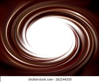 Vector wonderful mixed deep umber curvy backdrop with space for text. Beautiful volute fluid choco creamy surface with glowing white center in middle of funnel