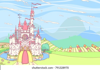 vector Wonderland fairytale medieval Castle fortress. Castleview on mountains background. Cute palace view wallpaper for girl. Colorful kingdom landscape cartoon illustration. Fantasy graphic build 2