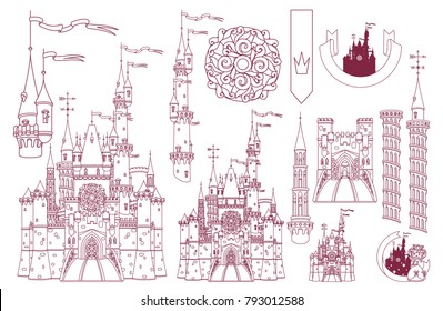 vector Wonderland fairytale medieval line castle fortress. Cute palace for girl.  Black and white outline kingdom cartoon illustration. Fantasy build graphic set isolated on background.