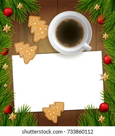 Vector wood background with christmas tree branches, red balls, gold stars, cup of coffee, gingerbread and empty paper. Christmas illustration for greeting wishes