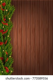 Vector wood background with Christmas tree Branches and decorations, pine cones, stars, red bows, ribbon . Vector christmas border