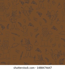Vector wood brown fun anthropomorphic cartoon characters seamless pattern background