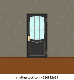 Vector Wood Closed Door with Frame Isolated on Snowflake seamless Background