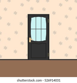 Vector Wood Closed Door with Frame Isolated on Snowflake seamless Background