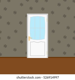 Vector Wood Closed Door with Frame Isolated on Snowflake seamless Background