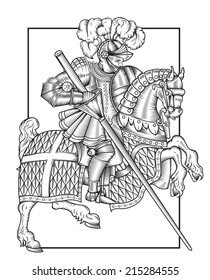 Vector wood cut style drawing of a Knight on horseback/Wood cut knight/ Easy to edit great vintage wood cut style 