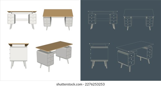 Vector wood desk office table solid minimalist with different positions - transparent background