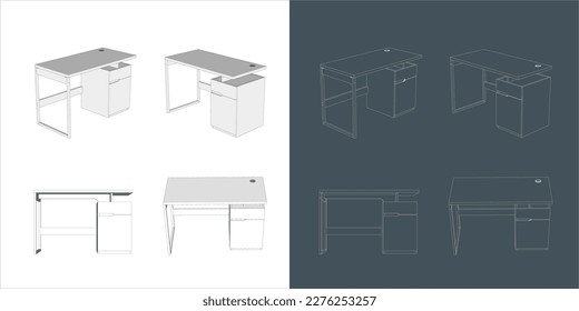 Mesa de escritorio de madera de vectores mesa de oficina sólido minimalista con diferentes posiciones - fondo transparente
