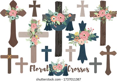 A Vector Of Wood Flowers Crosses for Baptism, Florals Cross and Holy Spirit