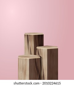 Vector wood hexagon shape podium, presentation mock up, show cosmetic product display stage pedestal design