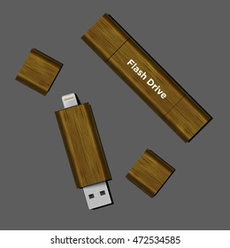 Vector wood Micro USB flash drive for phone isolated on light gray background
