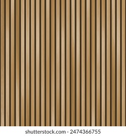 Panel de madera de Vector decorado en la pared. Tablones de Vertical marrón de madera realistas sobre fondo oscuro. Pared de tablones de madera natural. Elementos de madera a rayas interiores de moda.