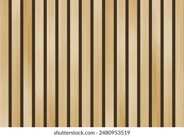 Vector wood panel decorated wall. Realistic wooden brown vertical planks on dark background. Natural wood planks wall. Trendy interior striped wooden elements, striped wooden wallpaper.
