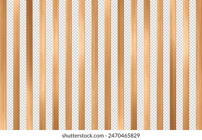 Vector wood panel wall. Realistic wooden light brown vertical planks on transparent background. Natural wood planks wall. Trendy interior striped wooden elements.