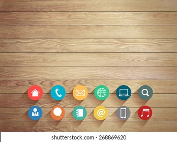 Vector wood plank background with modern business flat icons 