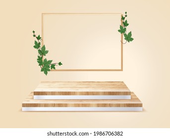 Vector wood podium on room background, presentation mock up, show cosmetic product display stage pedestal design