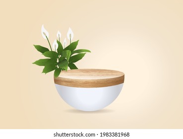 Vector wood podium on wall room background, presentation mock up, show cosmetic product display stage pedestal design