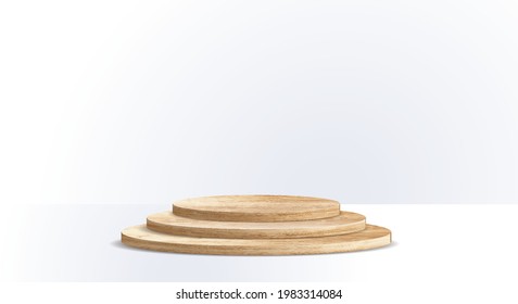 Vector Wood Podium On White Room Background, Presentation Mock Up, Show Cosmetic Product Display Stage Pedestal Design