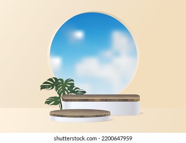 Vector wood podium presentation mock up, Show cosmetic product display stage pedestal design and minimal cloud scene with leave, summer background