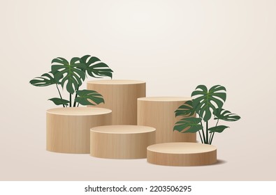 Vector wood podium presentation mock up, Wooden show cosmetic product display stage pedestal design with nature green leaves