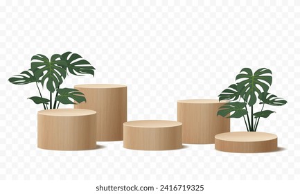 Vorführung von Vectorwood-Podium, Kosmetikartikel aus Holz mit Bühnenbild mit Naturblättern