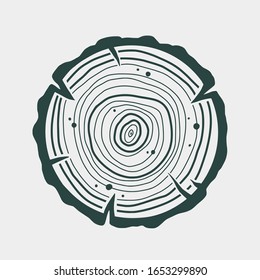 Vector wood rings texture, wavy ring pattern from a slice of tree. Monochrome wooden stump isolated on white 