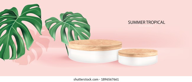 Vector wood round podium with summer leaf, pedestal or platform, background for cosmetic product presentation. 3d podium. Advertising place. Blank product stand background in pastel colors