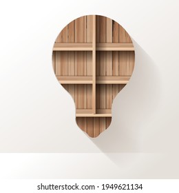 Icono de la bombilla de la estantería de madera del vector diseño creativo en el fondo de la sala de la pared