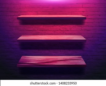 Vector wood shelf on brick wall background, neon light