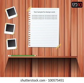 Vector wood shelf and paper and photo frames on wood wall