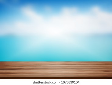 Vector wood shelf table with blurred sea beach on clouds blue sky background. product display template design